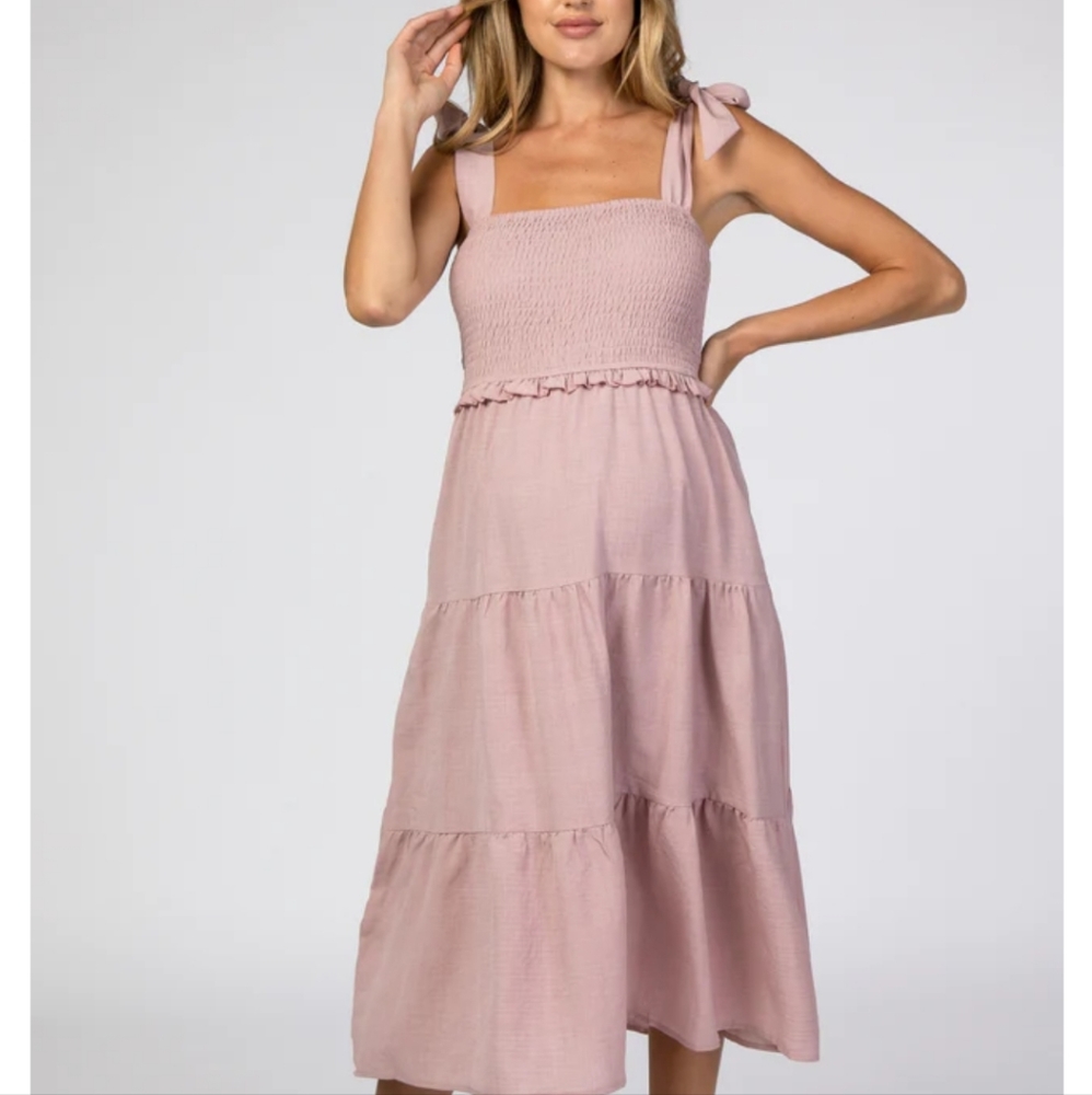 Mauve Bow Strap Tiered Maternity Midi Dress